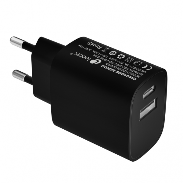 LEOTEC CARICABATTERIE 20W RICARICA RAPIDA 1 USB TYPE-C PD 1 USB-A NERO