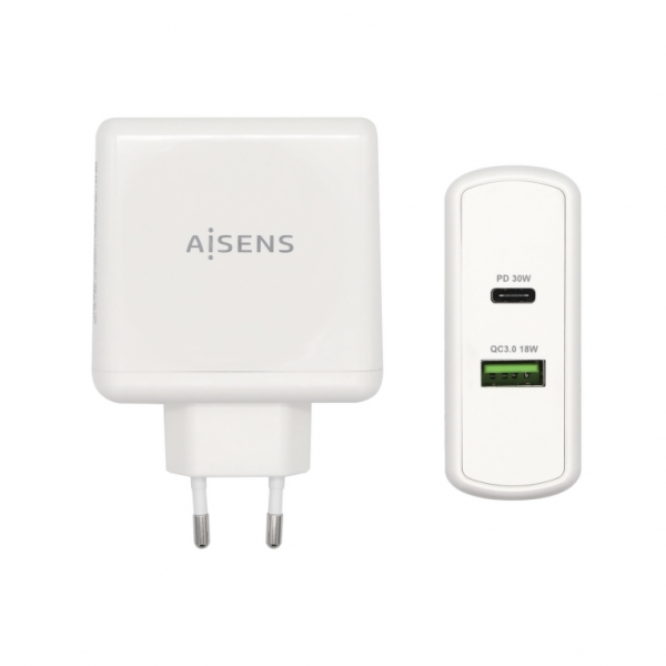 AISENS CARICABATTERIE 48W 1xUSB-C PD3.0 30W 1xUSB-A QC3.0 18W BIANCO