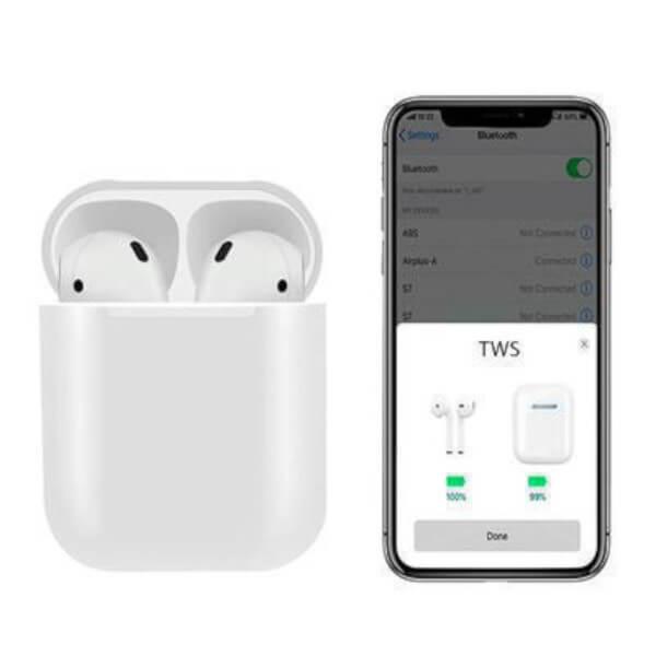 White i24 Bluetooth Headphones with charging case
