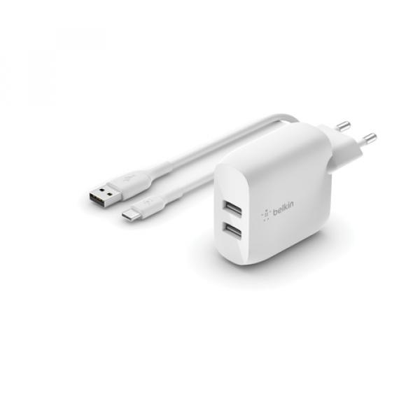 Dual Usb-a Charger 1m Ac 24w Wht