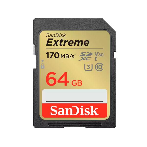 Carte mémoire Sandisk Extreme Sdxv2 C10 Uhs-i U3 64 Go et 170 Mo/s