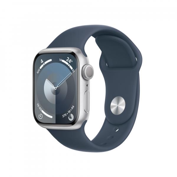 Apple watch series 9 mr903ql/a 41MM boîtier en aluminium argenté avec bracelet sport bleu tempête S/M GPS