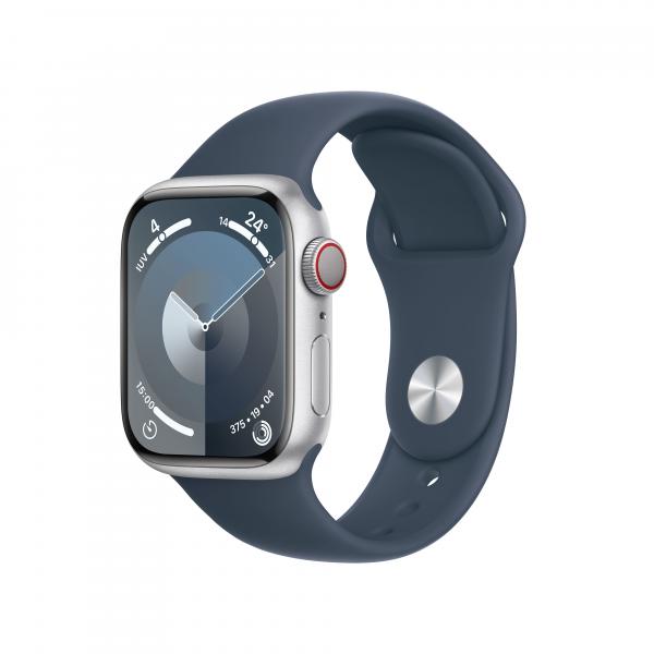 Apple watch série 9 mrhv3ql/a 41MM boîtier en aluminium argenté avec bracelet sport bleu tempête S/M cellul