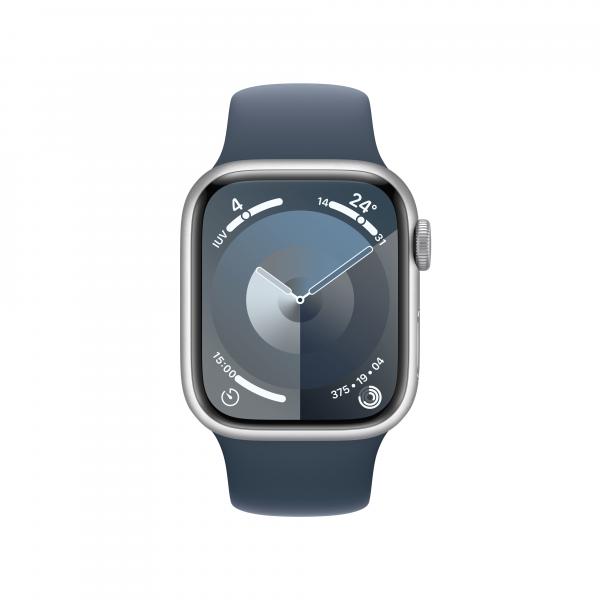 Apple watch série 9 mrhv3ql/a caixa de alumínio prateado de 41 mm com pulseira esportiva azul tempestade S/M cellul