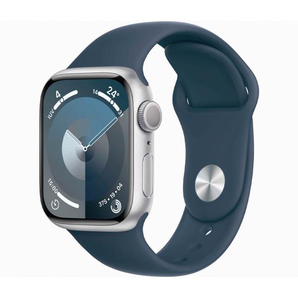 Apple Watch Series 9 GPS 41 mm Sportarmband aus Aluminium in Silber und Blau (Storm Blue) MR903QL/A – Größe S/M