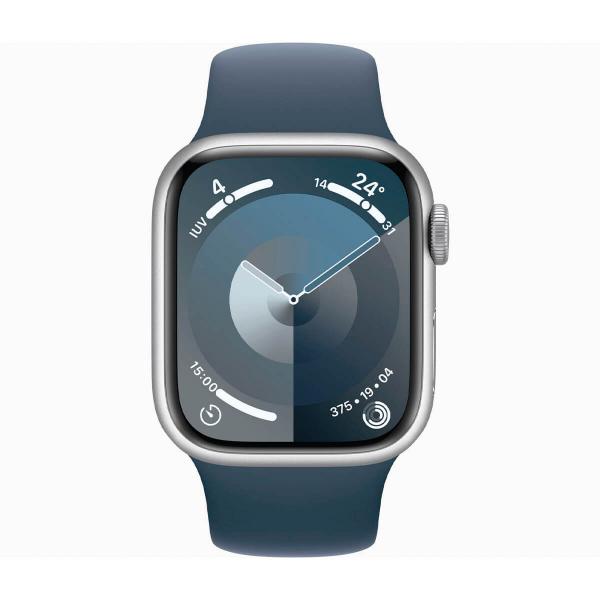 Apple Watch Series 9 GPS 41 mm Aluminium-Sportarmband in Silber und Blau (Storm Blue) MR903QL/A – Größe S/M