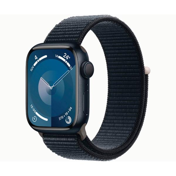 Apple Watch Series 9 GPS 41 mm Sportarmband aus Aluminium und schwarzer Schlaufe (Midnight) MR8Y3QL/A