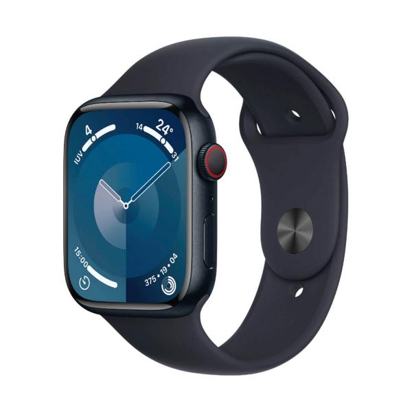 Apple Watch Series 9 GPS + Cellular 41 mm Sportarmband aus Aluminium und Schwarz (Midnight) MRHR3 – Größe S/M