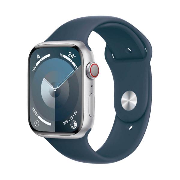 Apple Watch Series 9 GPS + Cellular 41 mm Aluminium-Sportarmband in Silber und Blau (Storm Blue) MRHW3 – Größe M/L