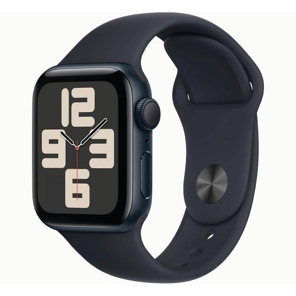 Apple Watch SE (2. Generation) 2023 GPS 44 mm Aluminium und schwarzes Sportarmband (Mitternacht) – Größe S/M