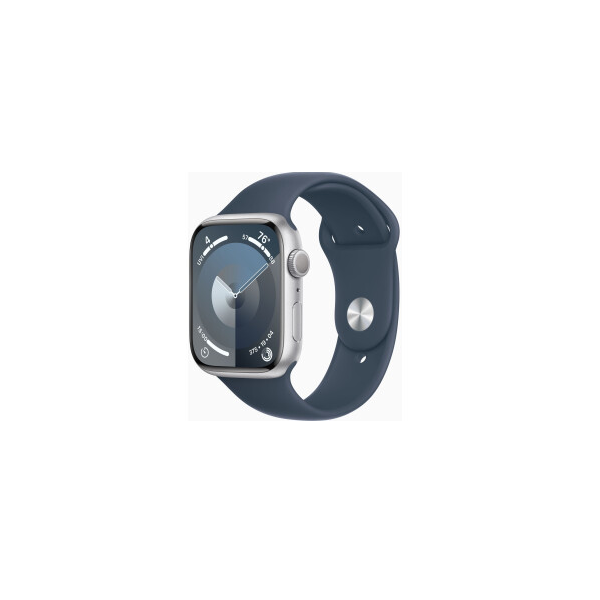 Apple Watch Series 9 prata aço inoxidável 45 mm 4G pulseira esportiva azul tempestade tamanho S/M DE