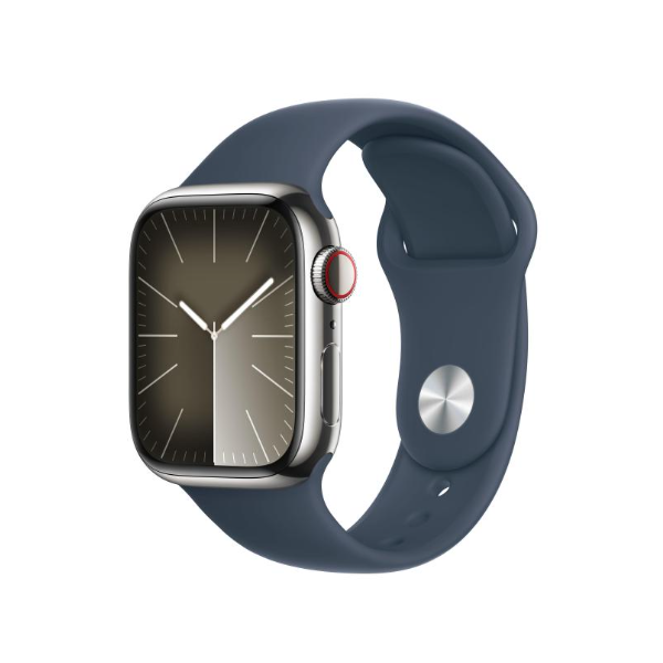 Apple Watch Series 9 prata aço inoxidável 41 mm 4G pulseira esportiva azul tempestade tamanho S/M DE