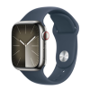 Apple Watch Series 9 prata aço inoxidável 41 mm 4G pulseira esportiva azul tempestade tamanho S/M DE