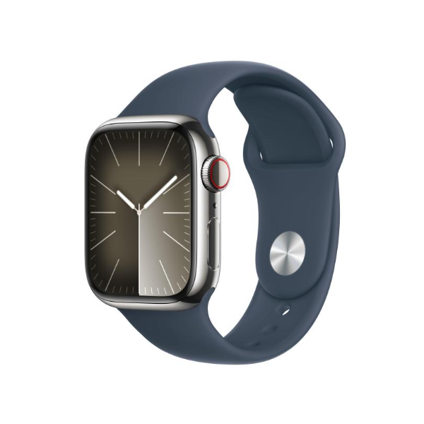 Apple Watch Series 9 prata aço inoxidável 41 mm 4G pulseira esportiva azul tempestade tamanho M/L DE