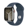 Apple Watch Series 9 prata aço inoxidável 41 mm 4G pulseira esportiva azul tempestade tamanho M/L DE