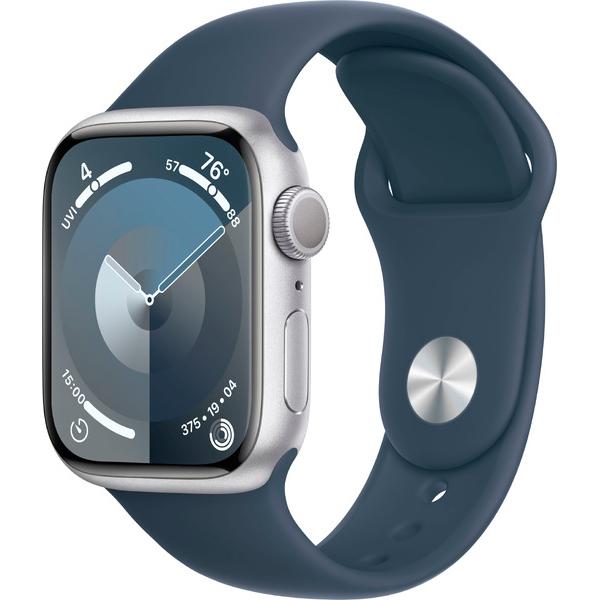 Apple Watch Series 9 GPS 41 mm Boîtier en aluminium argenté avec bracelet Storm Sport (M) Argent