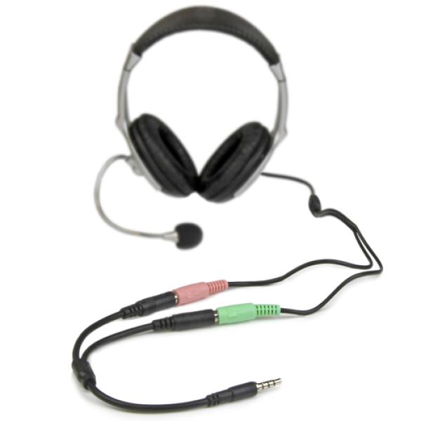 Headset adapter with headphone-mic plugs