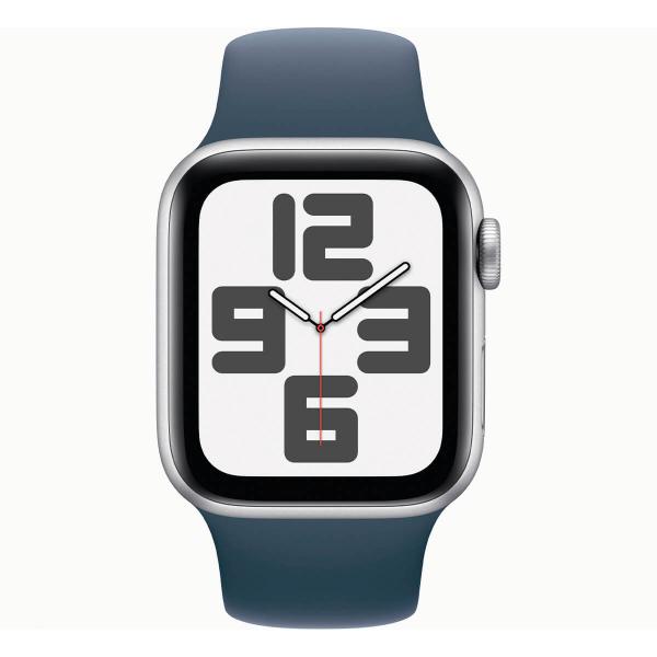 Apple Watch SE (2. Generation) 2023 GPS 40 mm Aluminium Silber (Silber) und blaues Sportarmband (Storm Blue) – Größe ML