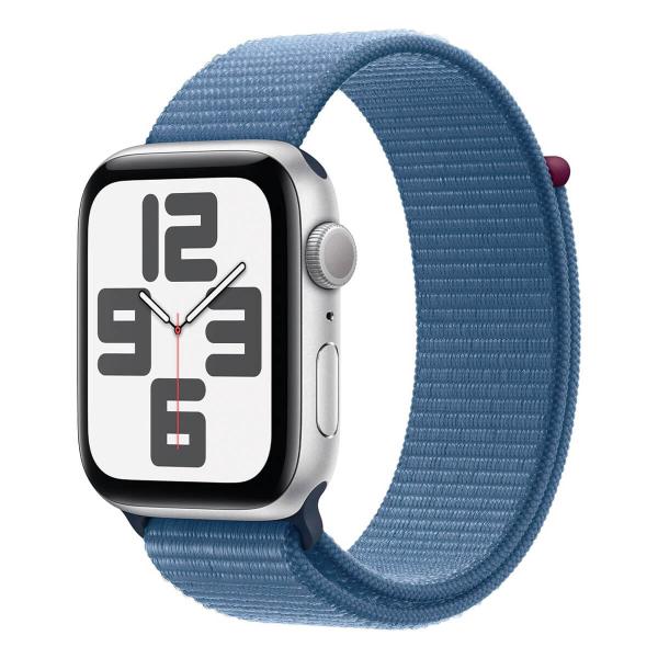 Apple Watch SE (2. Generation) 2023 GPS 44 mm Sportarmband aus silbernem Aluminium und blauer Schlaufe (Winterblau) MREF3QL-A