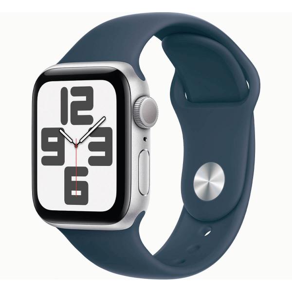 Apple Watch SE (2ª geração) 2023 GPS 44 mm alumínio prata (prata) e pulseira esportiva azul (azul tempestade) - tamanho ML