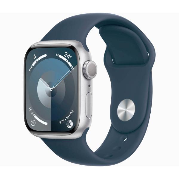 Apple Watch Series 9 GPS 41 mm Aluminium-Sportarmband in Silber und Blau (Storm Blue) MR903QL-A – Größe SM