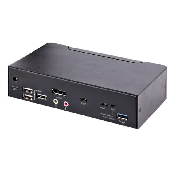 StarTech.com Switch Conmutador KVM USB C Tipo C, KVM de 2 puertos DisplayPort con Vídeo UHD HDR de 4K 60Hz, Audio de 3,5mm, Hub 