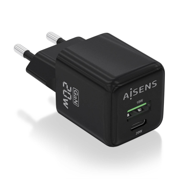 CARGADOR GAN AISENS 20W 1XUSB-C PD3.0 QC4.0 1XUSB-A QC3.0 NEGRO