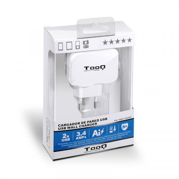 TooQ TQWC-1S02WT Cargador de pared 2 USB Blanco - Imagen 3