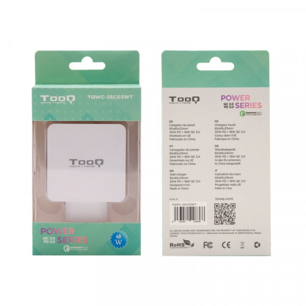 Cargador Doble USB Tipo C Pd + USB Tipo A Qc3.0 Tooq Blanco USB